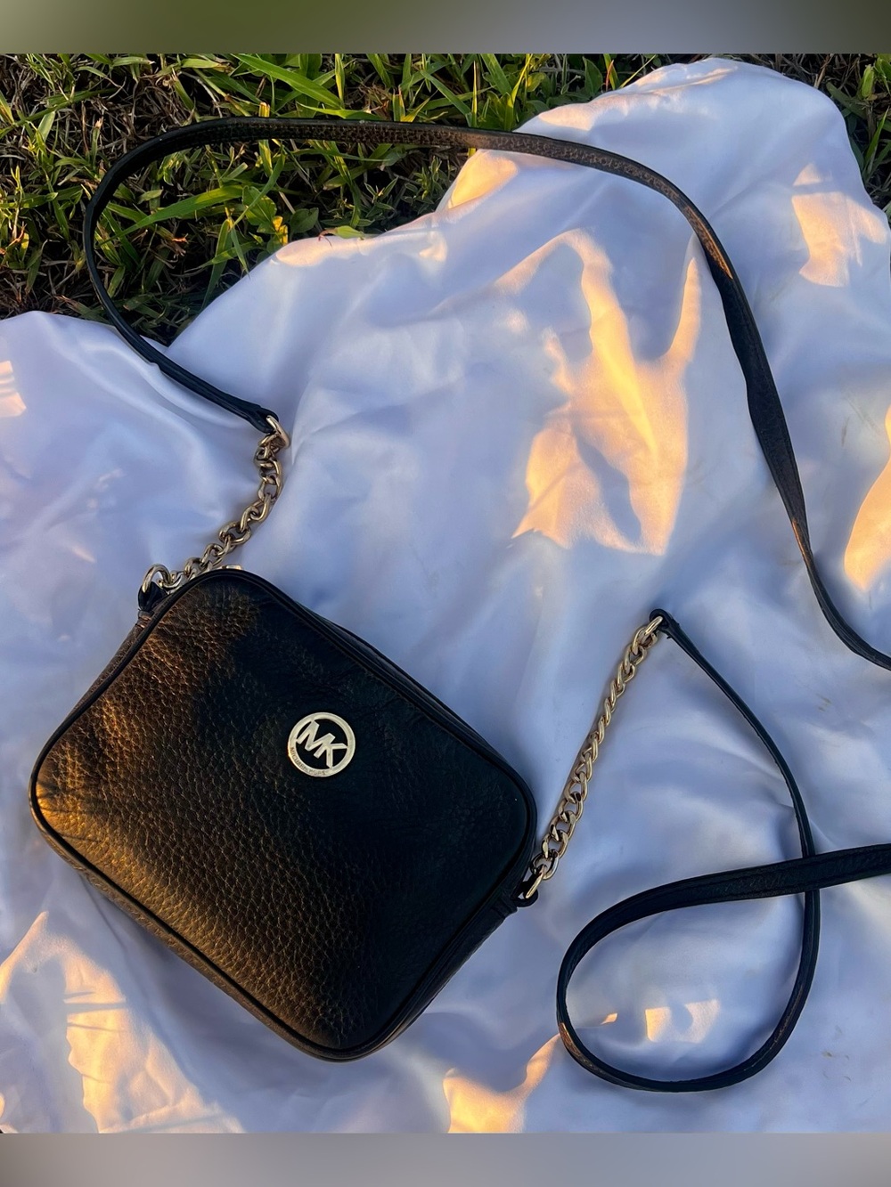 Michael Kors Black Leather Mini Crossbody with Gold Chain Detail